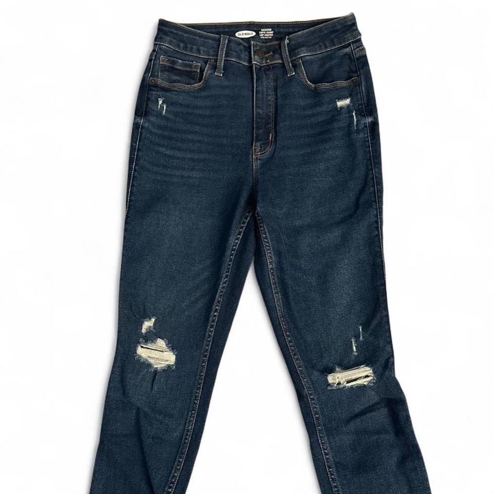 Old Navy Super Skinny Stretch Extra High Rise‎ Dark Wash Distressed Jeans Size 6